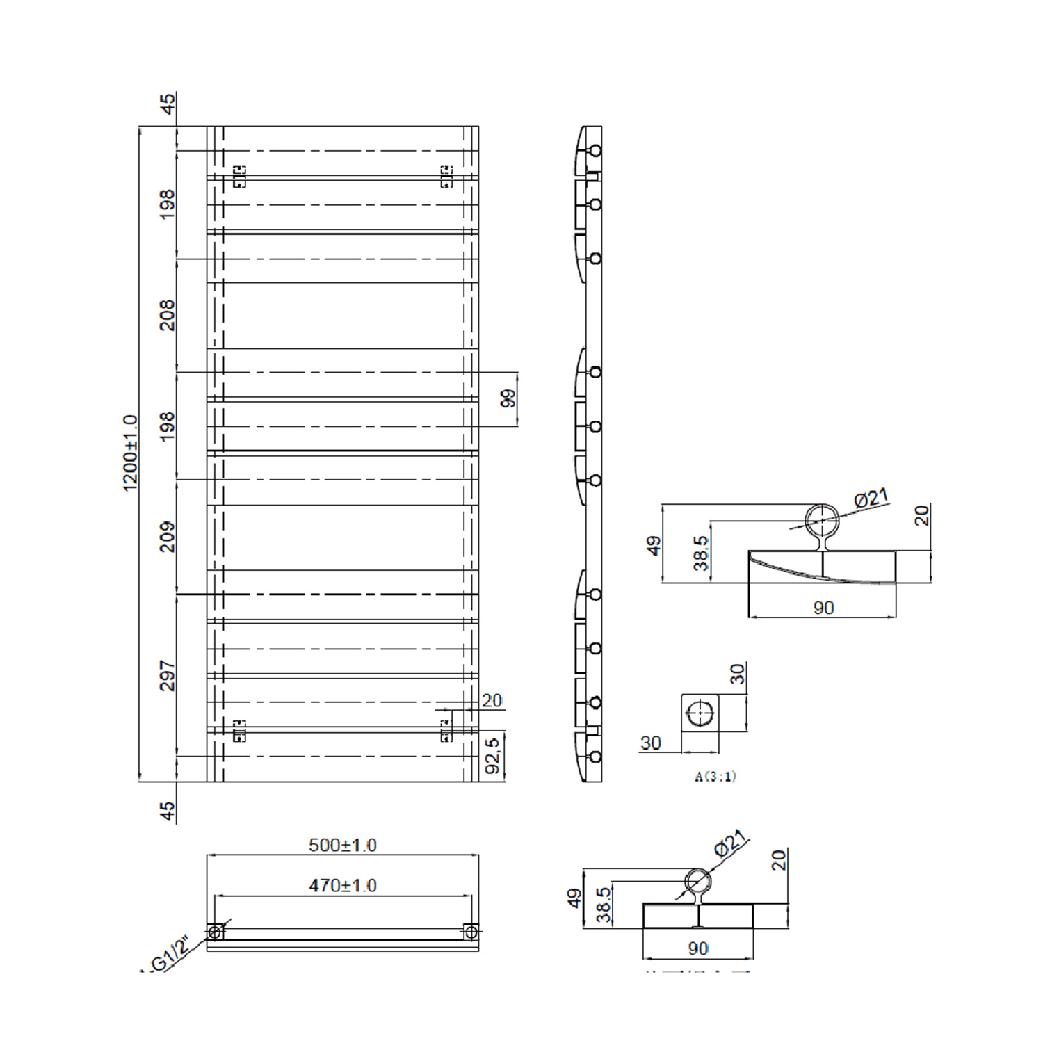 Toasty Dawn Anthracite Aluminium Heated Towel Rail - 1200 x 500mm