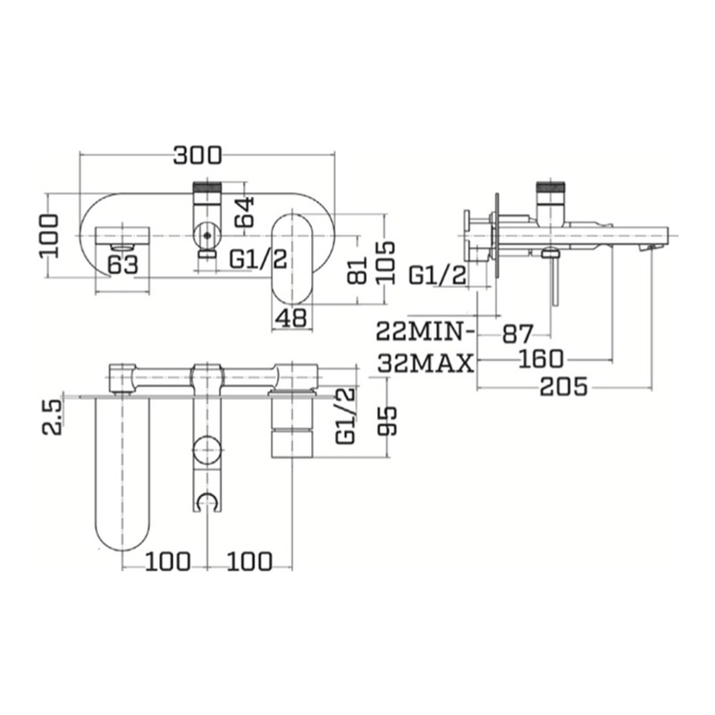 Vellamo Desire Wall Mounted Bath Shower Mixer With Shower Kit Tap