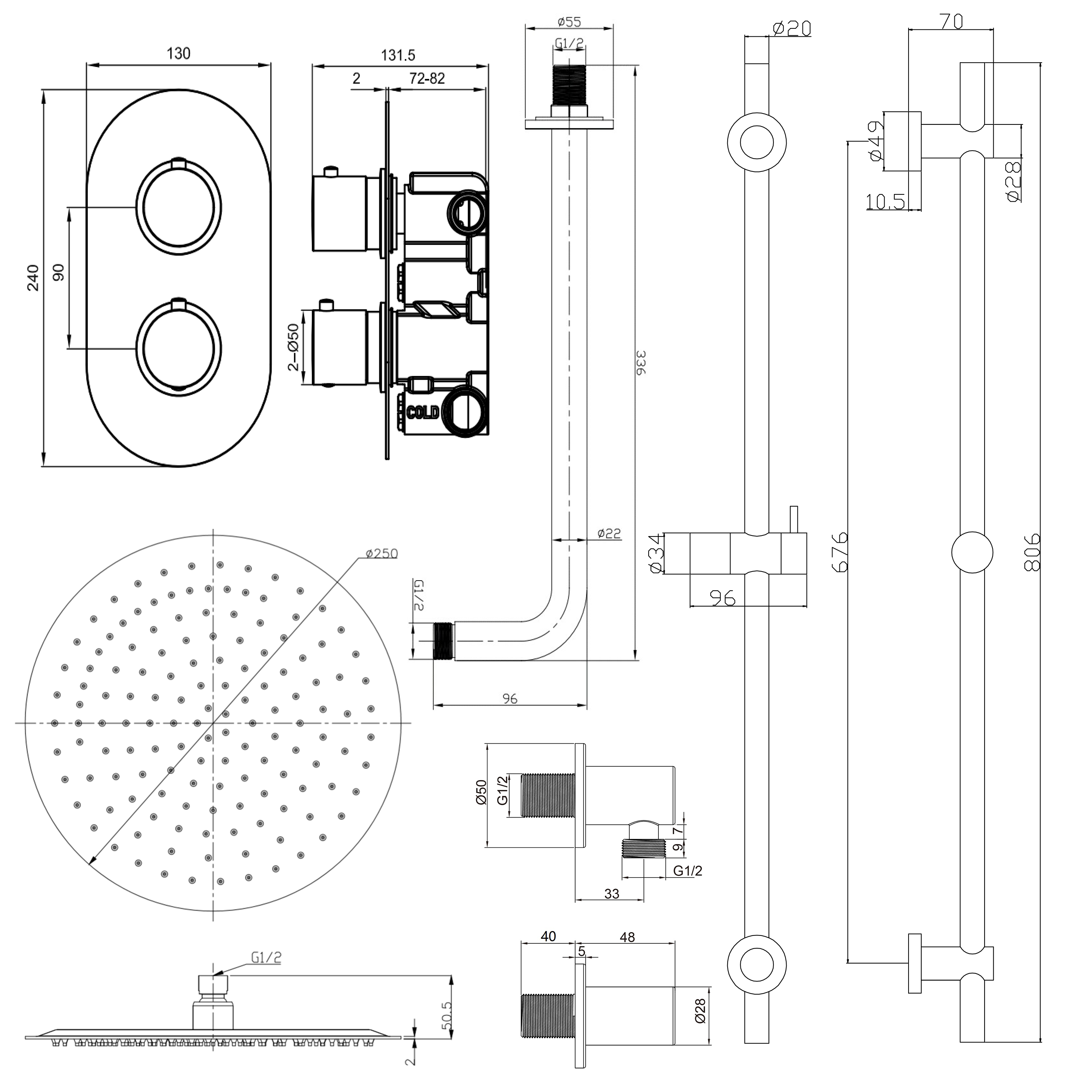 Harbour Clarity Brushed Brass Shower Package with 2 Outlet Valve, Fixed ...