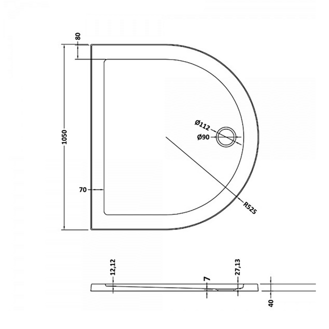 Harbour Primrose D Shaped Shower Tray - 1050 x 925mm