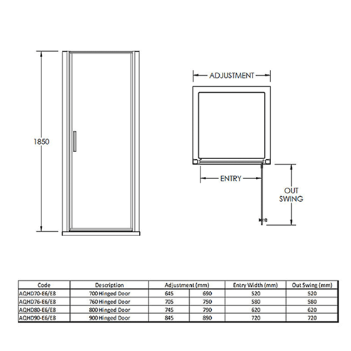 Harbour Primrose 6mm Frameless Hinged Shower Door & Optional Side Panel