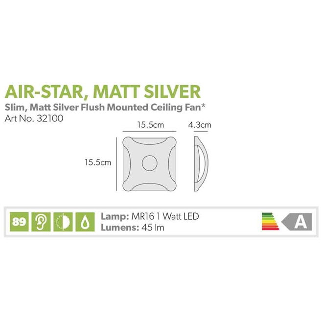 HIB Air-Star Matt Silver Slimline Lowprofile Ceiling Fan with Cool White LED Illumination