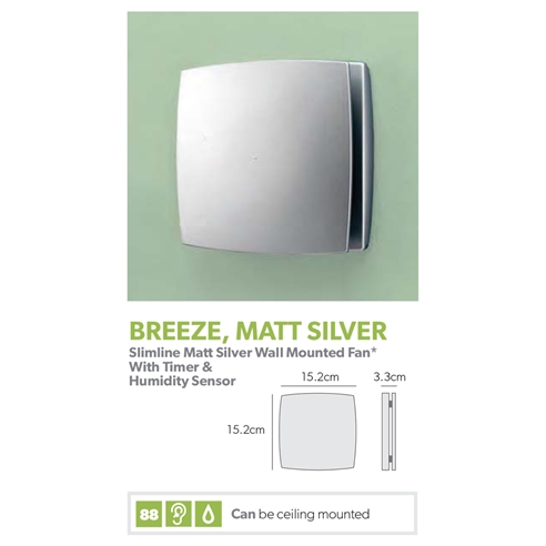 HIB Breeze Matt Silver Wall or Ceiling Mounted Slimline Low Profile Fan with Timer & Humidity Sensor