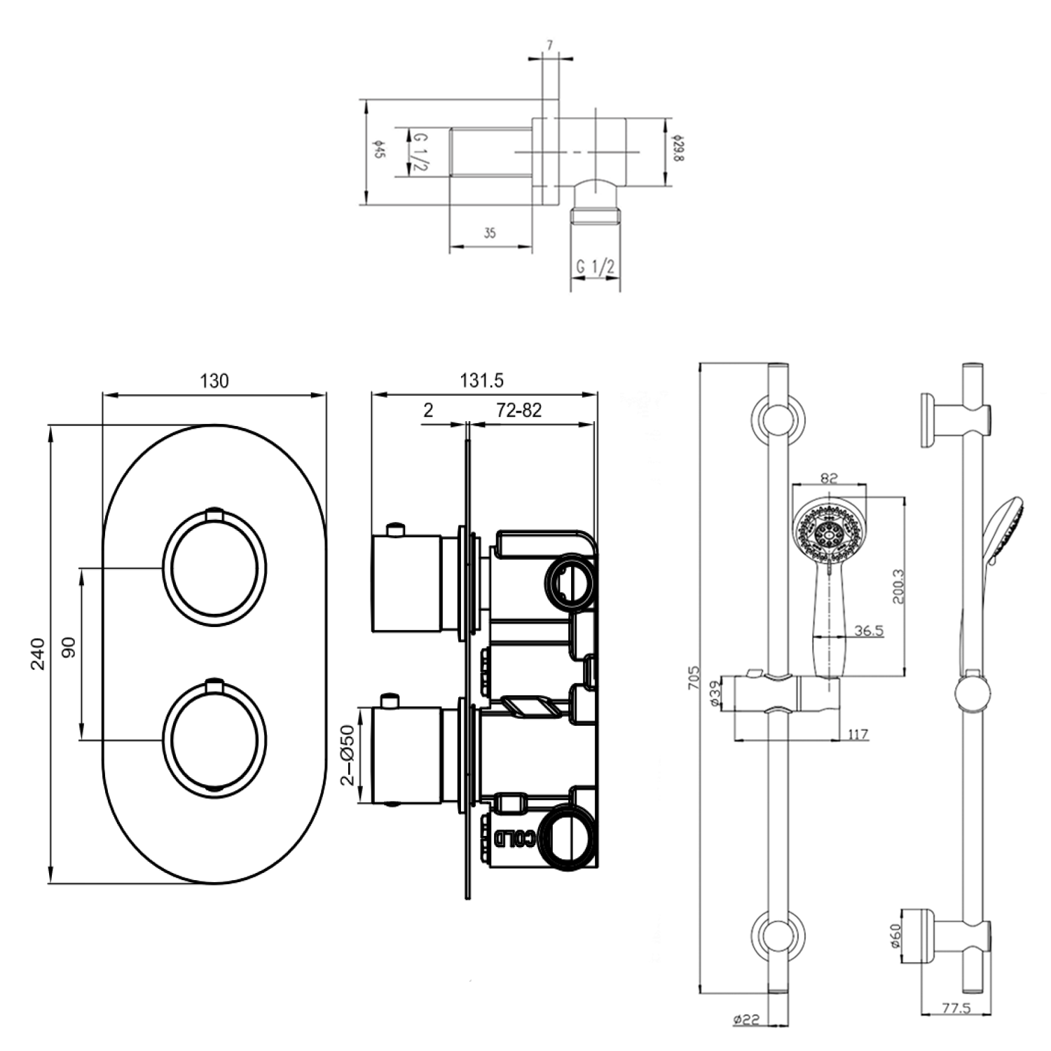 Jemima Concealed Shower Valve, Slide Rail Kit & Overflow Bath Filler Tap Warehouse