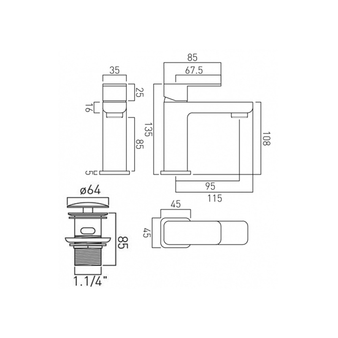 Vado Phase Single Lever Mini Mono Basin Mixer with Universal Clicker Waste