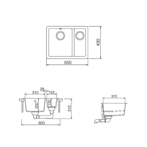 Rangemaster Paragon 0.5 Bowl Granite Composite Undermount Kitchen Sink & Waste Kit - 215 x 378mm