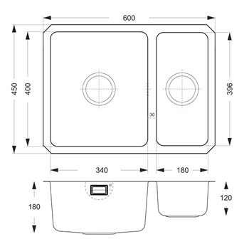 Vellamo Horizon 1.5 Bowl Undermount Stainless Steel Kitchen Sink & Waste Kit with Reversible Half Bowl - 600 x 450mm