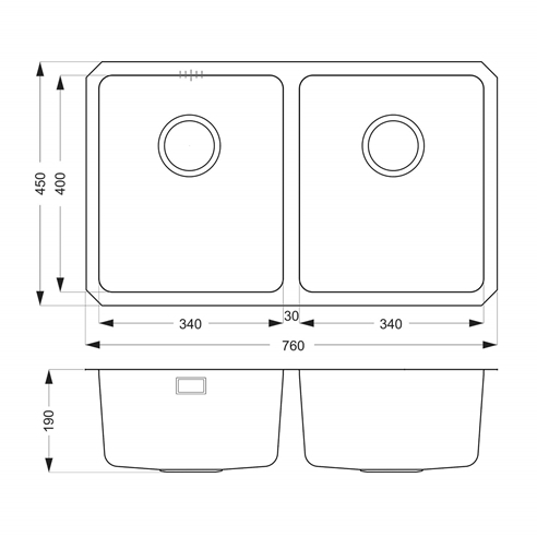 Vellamo Horizon Double Bowl Undermount Stainless Steel Kitchen Sink & Waste Kit - 760 x 450mm