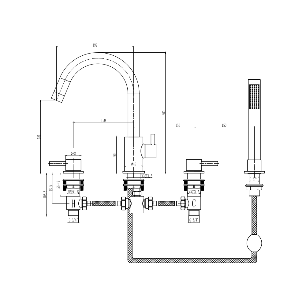 Vellamo Twist Matt Black 4 Hole Bath Shower Mixer Tap & Shower Kit